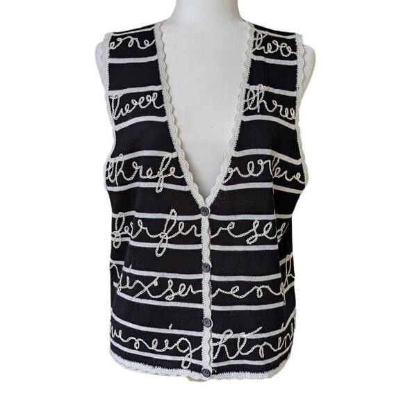 Vintage Koret Sweater Vest Size S Black Striped Crocheted Cursive Cottage Wool - Picture 2 of 7